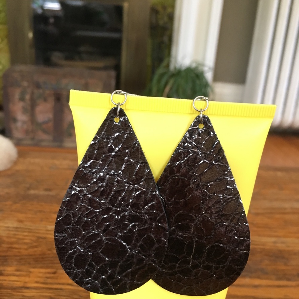 Gunmetal metallic leather teardrop earrings